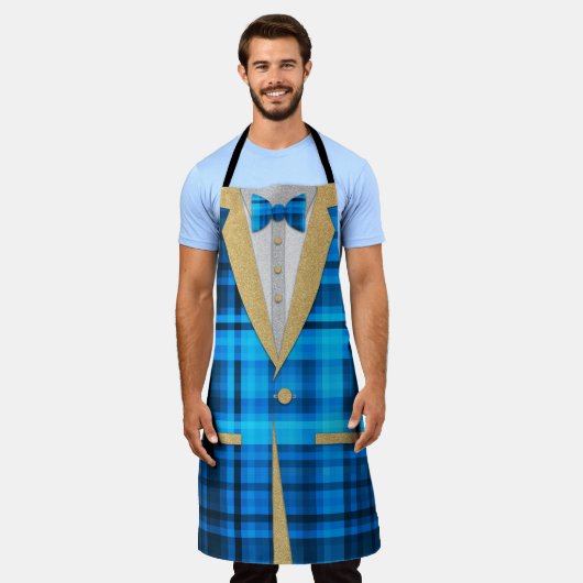 Fun Madras Gold Glitter Tuxedo met Blue Bow Stropd Schort (Gedragen)