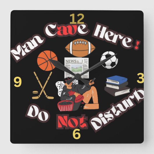 Fun Man Cave Here Square Wall Clock Vierkante Klok (Voorkant)
