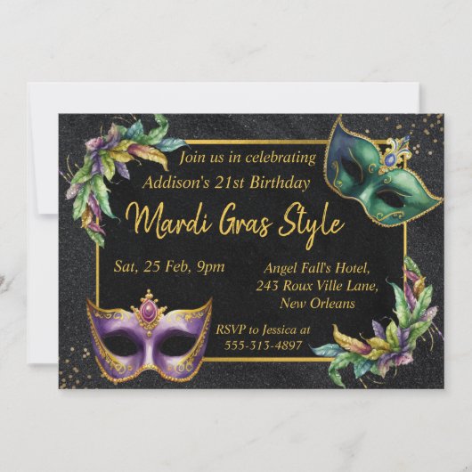 Fun Mardi Gras Birthday Kaart Uitnodiging (Voorkant)