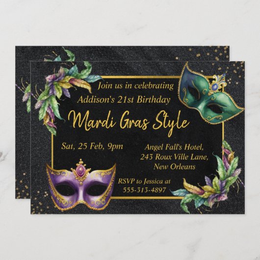 Fun Mardi Gras Birthday Kaart Uitnodiging (Voorkant / Achterkant)