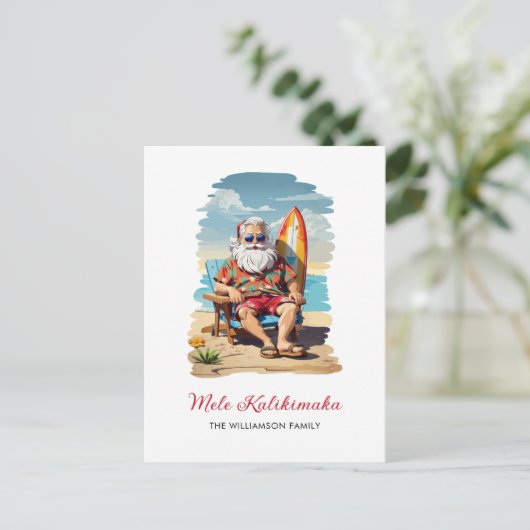 Fun Mele Kalikimaka Santa Surfboard Kerst Kaart (Staand voorkant)