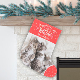 Fun meowy kerstkat foto naam rood & wit kleine kerstsok