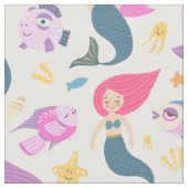 Fun Mermaid and Fish Pattern on White Stof (Close Up)