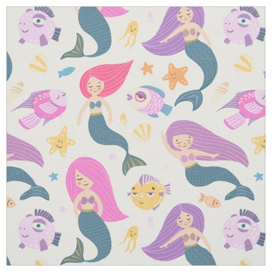 Fun Mermaid and Fish Pattern on White Stof (Swatch)