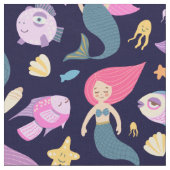 Fun Mermaid and Fish Pattern op Blue Stof (Close Up)