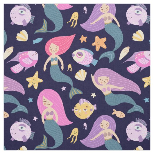 Fun Mermaid and Fish Pattern op Blue Stof (Swatch)