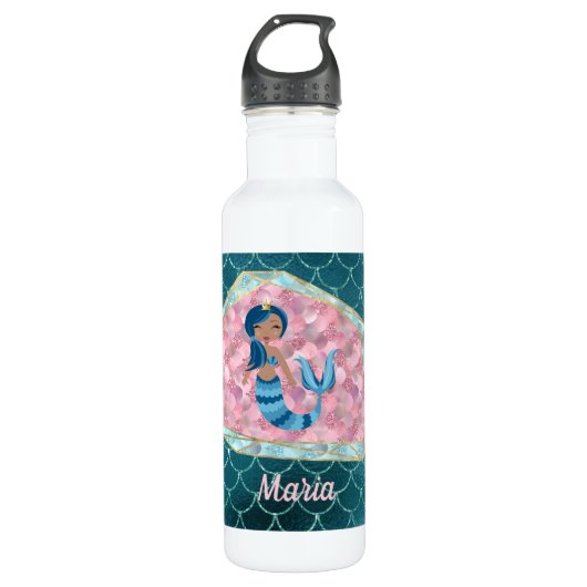 Fun Mermaid in Deep Aqua in een Roze Shell Waterfles (Voorkant)