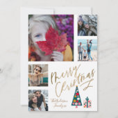 Fun Merry Kerstmis Gold Script Photo Collage Tree Feestdagenkaart (Voorkant)