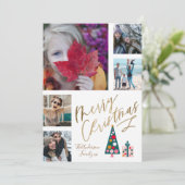Fun Merry Kerstmis Gold Script Photo Collage Tree Feestdagenkaart (Staand voorkant)