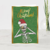 Fun Merry Kerstskelet Santa Hat Gold Feestdagen Kaart (Voorkant)