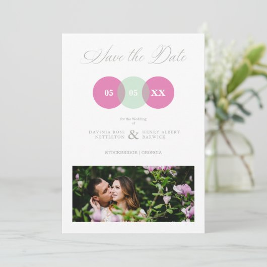 Fun Mint & Hot Pink Photo Couple Wimshical Script Save The Date (Staand voorkant)