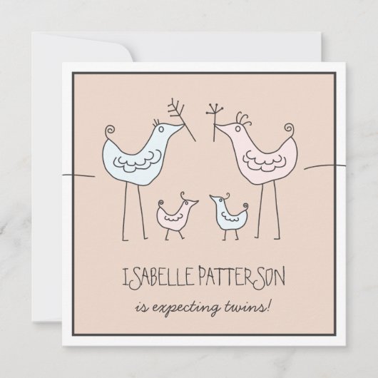 Fun Modern Birds Twin Baby shower Invitation Kaart (Voorkant)
