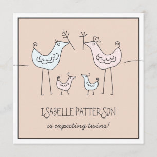 Fun Modern Birds Twin Baby shower Invitation Kaart