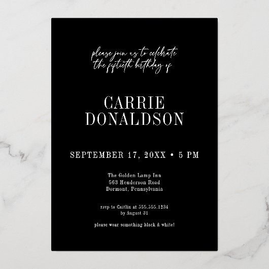 Fun Modern Black Fifty Fabulous Lips Birthday Folie Uitnodiging (Achterkant)