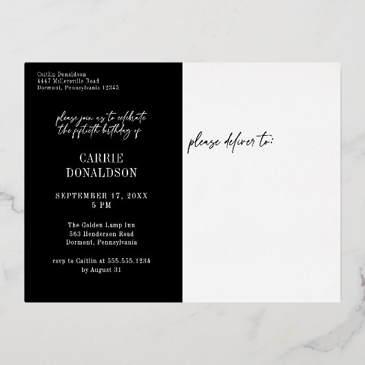 Fun Modern Black Fifty Fabulous Lips Birthday Folie Uitnodiging Briefkaart (Achterkant)