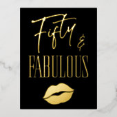 Fun Modern Black Fifty Fabulous Lips Birthday Folie Uitnodiging Briefkaart (Voorkant)