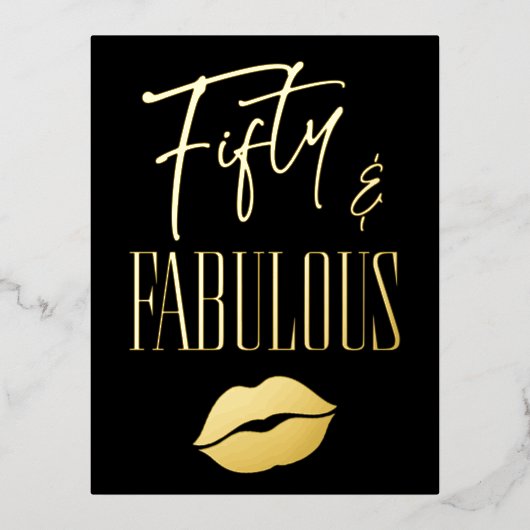 Fun Modern Black Fifty Fabulous Lips Birthday Folie Uitnodiging Briefkaart (Voorkant)