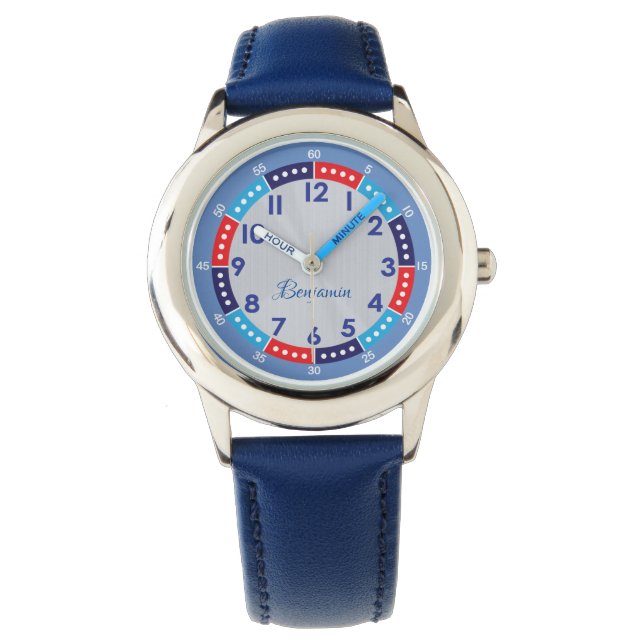Fun Modern Blue Stylish Custom Name Kinder Watch Horloge (Voorkant)