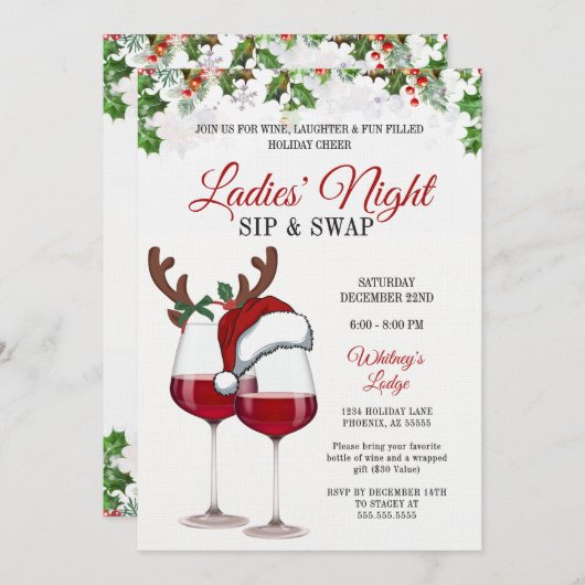 Fun Modern Christmas Sip & Swap Cocktail Party Inv Kaart (Voorkant / Achterkant)