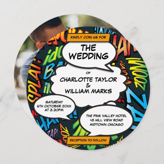 Fun Modern Comic Book Photo Circle Wedding Kaart (Voorkant / Achterkant)