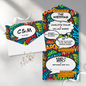 Fun Modern Comic Book Typrography Wedding All In One Uitnodiging
