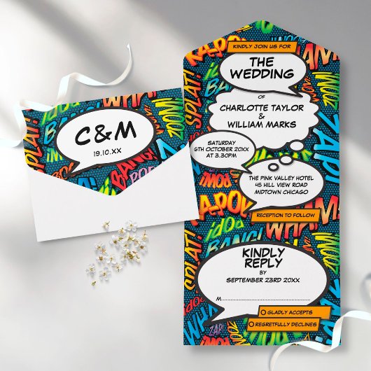 Fun Modern Comic Book Typrography Wedding All In One Uitnodiging