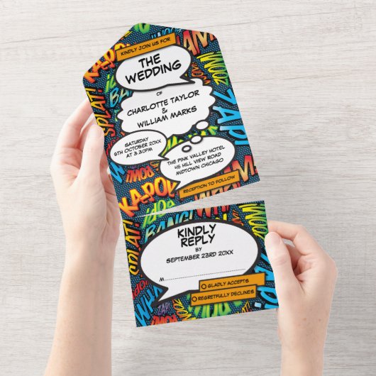 Fun Modern Comic Book Typrography Wedding All In One Uitnodiging (Afscheurbaar)