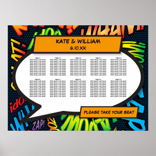 Fun Modern Comic Book Wedding Seding Chart Poster (Voorkant)