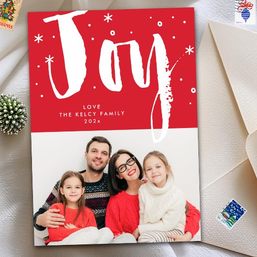 Fun Modern Joy Brush White Red Christmas Photo Feestdagenkaart