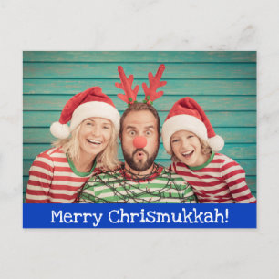 Fun Modern Merry Christmukkah Foto Blue en White Feestdagenkaart
