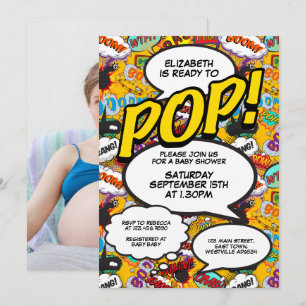 Fun Modern Ready to Pop Baby shower Comic Photo Kaart