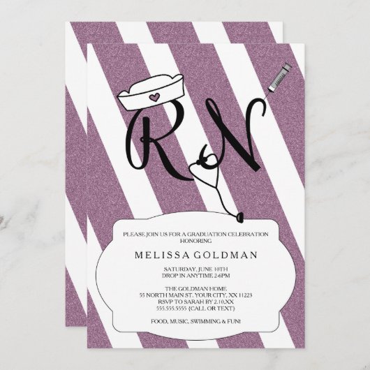 FUN MODERN RN afstuderen nodigt PAARSE glitter uit Kaart (Voorkant / Achterkant)