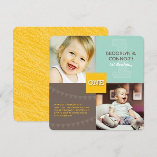 Fun Modern Square ONE Baby Twins 1st Birthday Kaart (Voorkant / Achterkant)