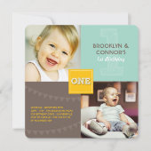 Fun Modern Square ONE Baby Twins 1st Birthday Kaart (Voorkant)