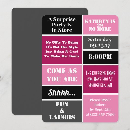 Fun & Modern Surprise Birthday Party II Kaart (Voorkant / Achterkant)