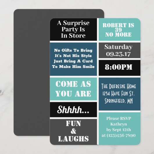 Fun & Modern Surprise Birthday Party Kaart (Voorkant / Achterkant)