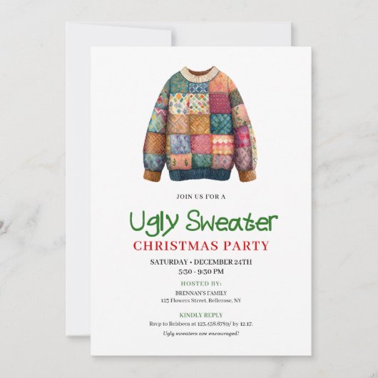 Fun Modern Ugly Sweater Christmas Invitation Kaart (Voorkant)