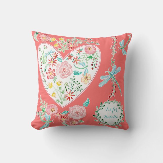 Fun Modern Waterverf Floral Heart Dragonfly Art Kussen (Voorkant)