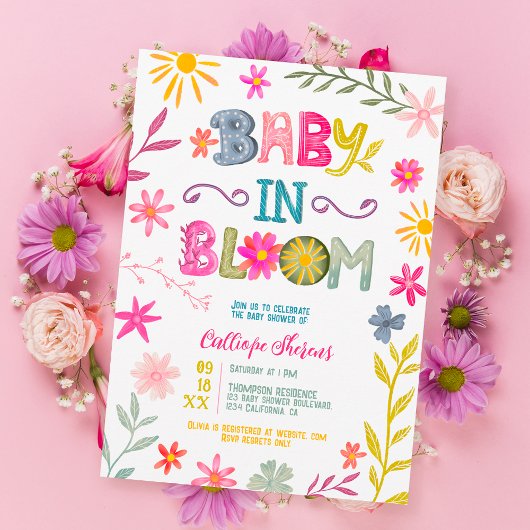 Fun modern whimsical floral baby in bloei douche kaart