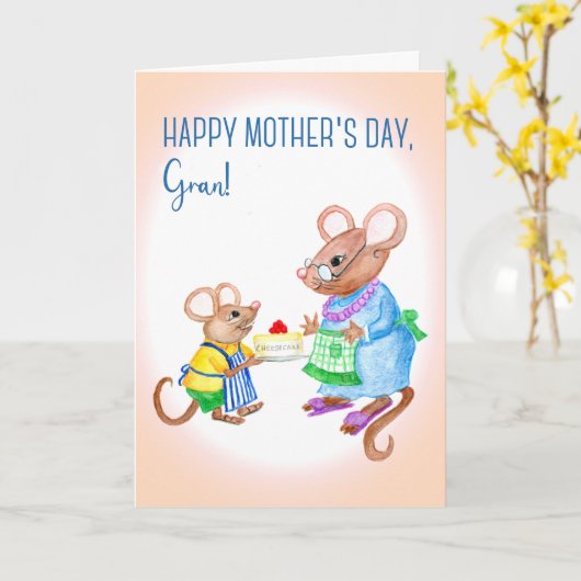 Fun Moederdag voor Gran met Cute Mice Kaart (Gele Bloem)