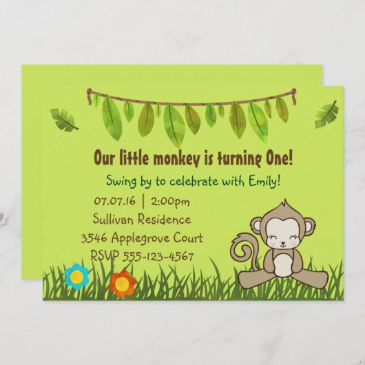 Fun Monkey Safari Design Verjaardag Uitnodigen Kaart (Voorkant / Achterkant)