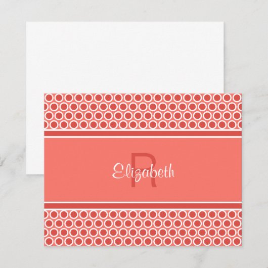Fun Monogram Coral Red White Geometric Pattern Notitiekaartje (Voorkant / Achterkant)