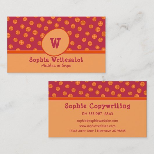 Fun Monogram Cranberry & Oranje Pattern Visitekaartje (Voorkant / Achterkant)
