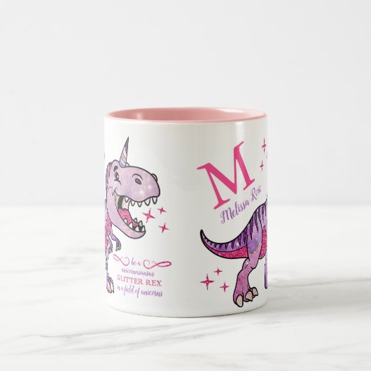 Fun Monogram Naam Unicornasaurus Glitter T-Rex Tweekleurige Koffiemok (Center)