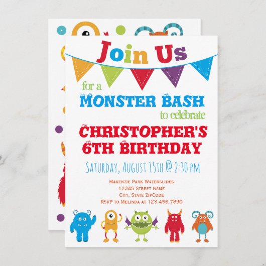 Fun Monster Kids Verjaardagsfeestje Uitnodigingen (Voorkant / Achterkant)