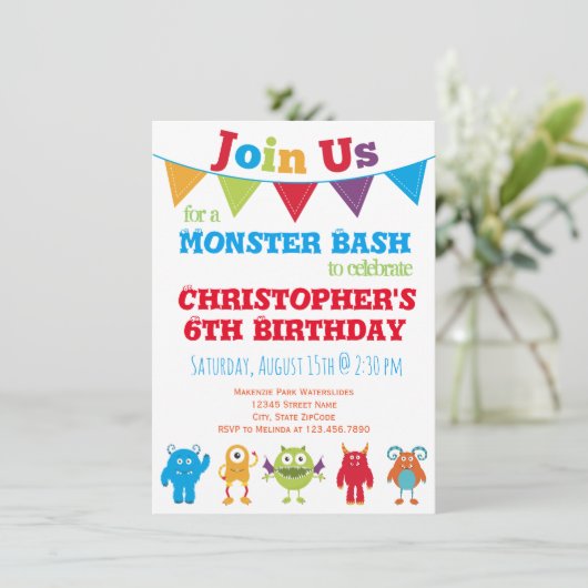 Fun Monster Kids Verjaardagsfeestje Uitnodigingen (Staand voorkant)