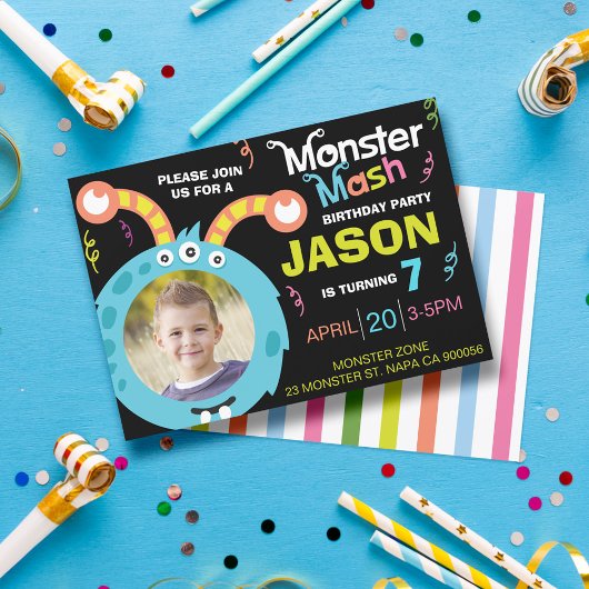 Fun Monster Mash Photo Birthday Party Invitation Kaart
