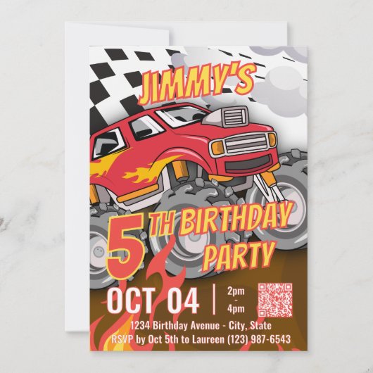 Fun Monster Truck QR Code Birthday Party (Voorkant)