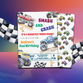 Fun Monster Trucks 2nd Birthday Party Invitation Kaart