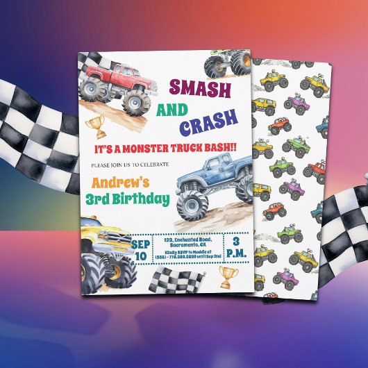 Fun Monster Trucks 3rd Birthday Party Invitation Kaart